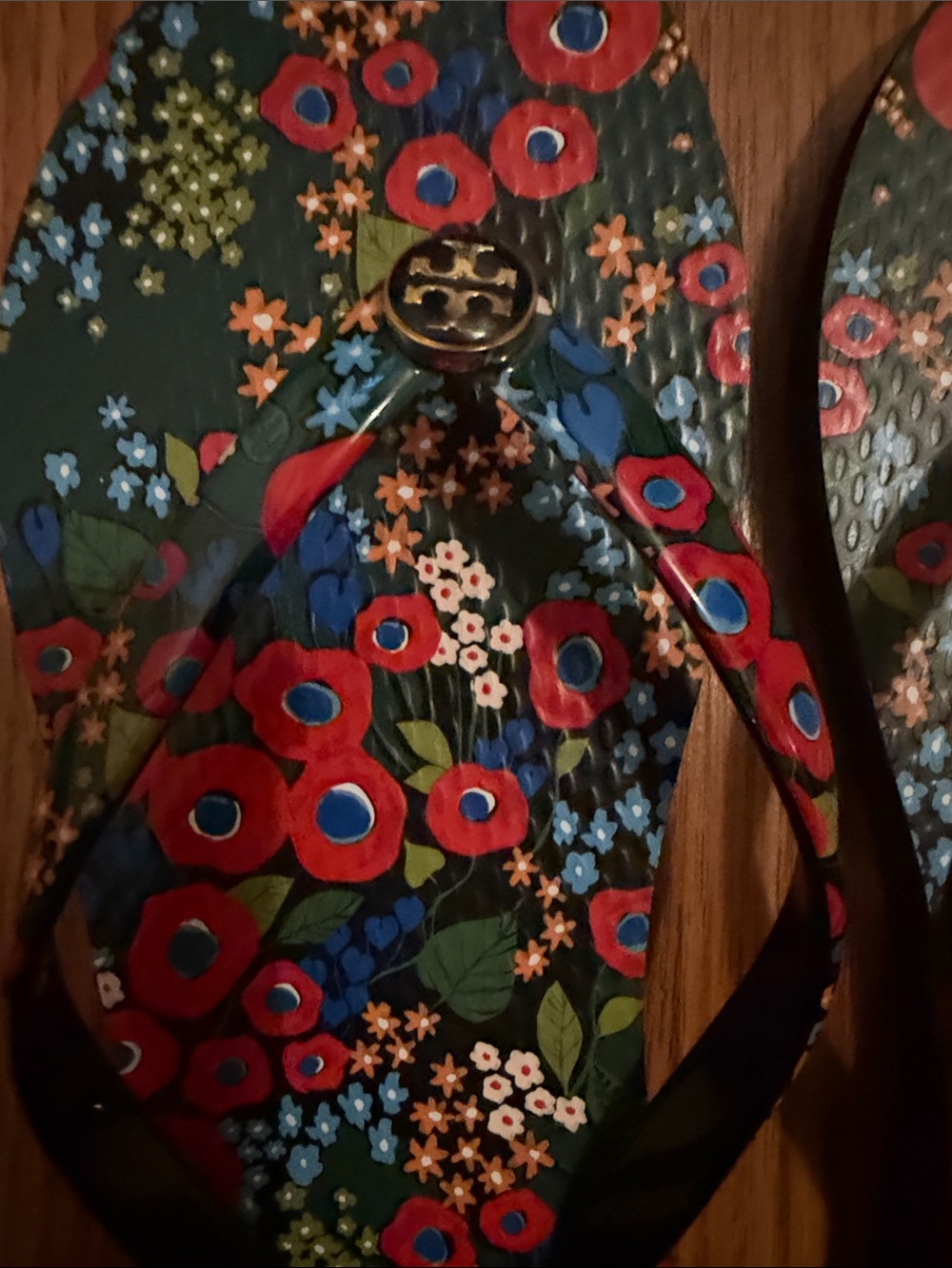 Tory Burch Green Floral Logo Flip Flops with Red Accents - Picture 2 of 5